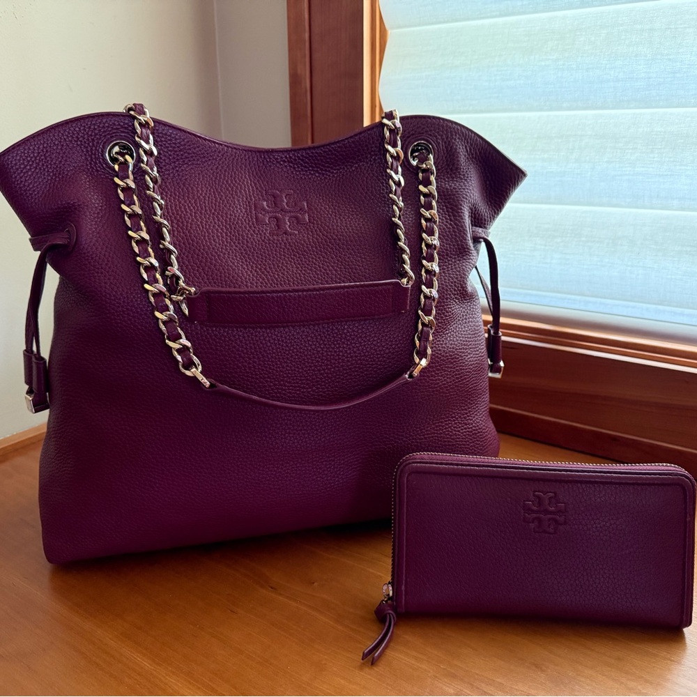 Tory Burch Burgundy Leather Chain Tote + Matching Zip Wallet Pebbled Leather
